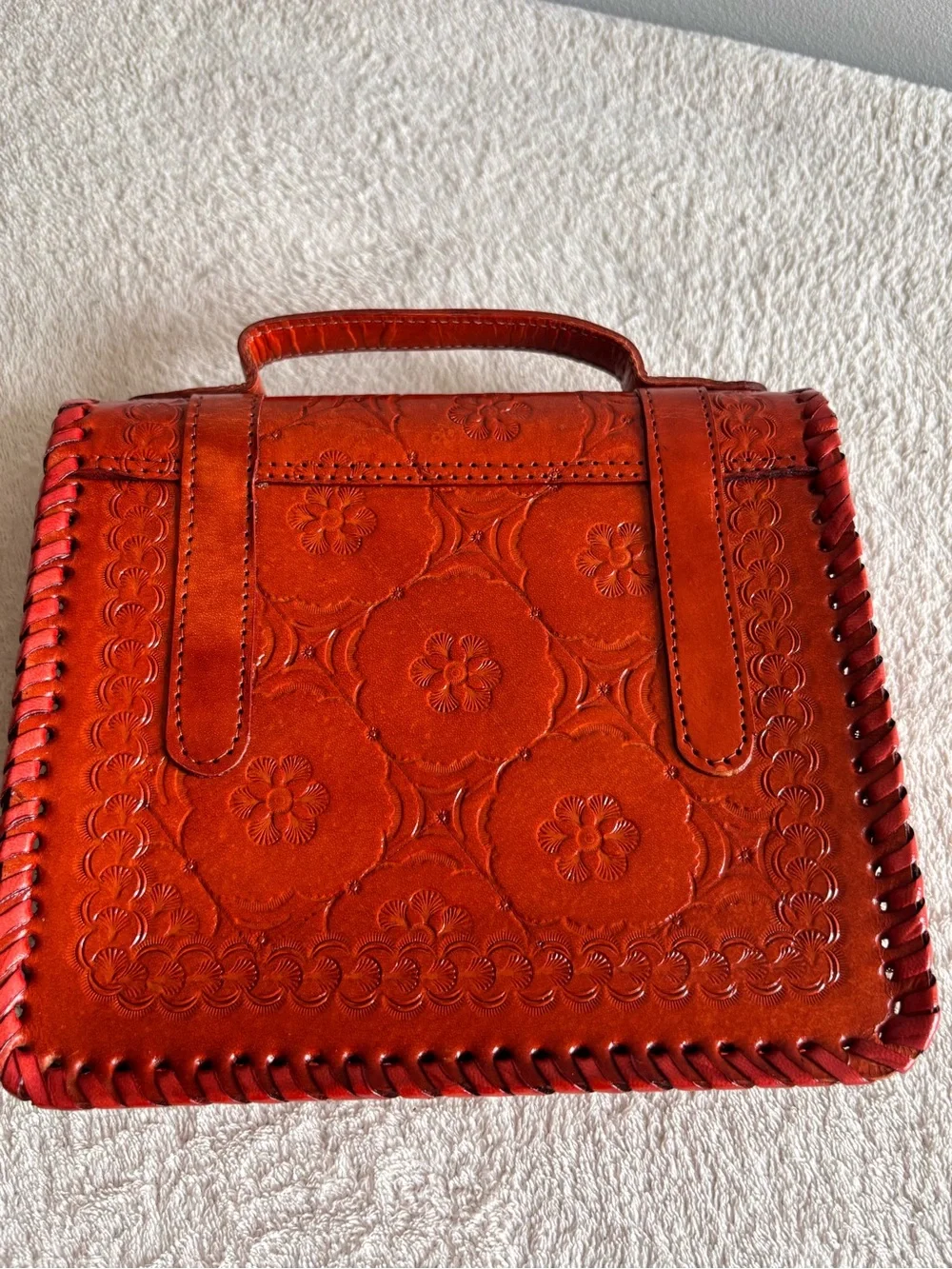 Brown Reddish Floral Embossed Faux Leather Crossbody Bag Adjustable Strap Boho